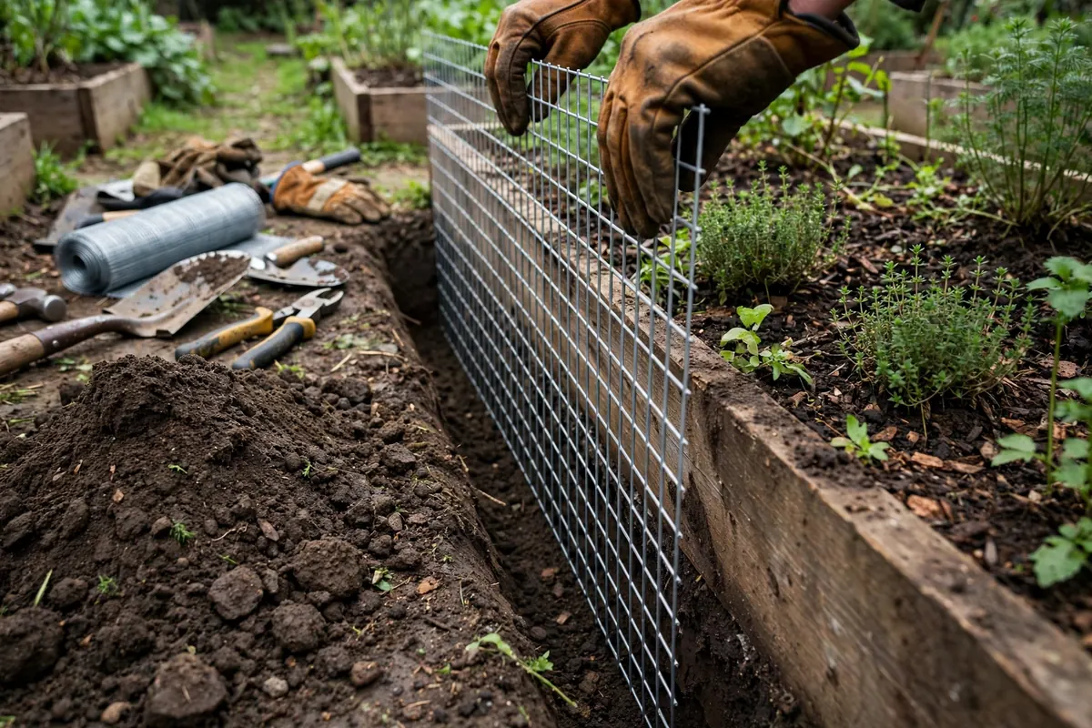 Wire mesh exclusion barrier being buried around a garden bed