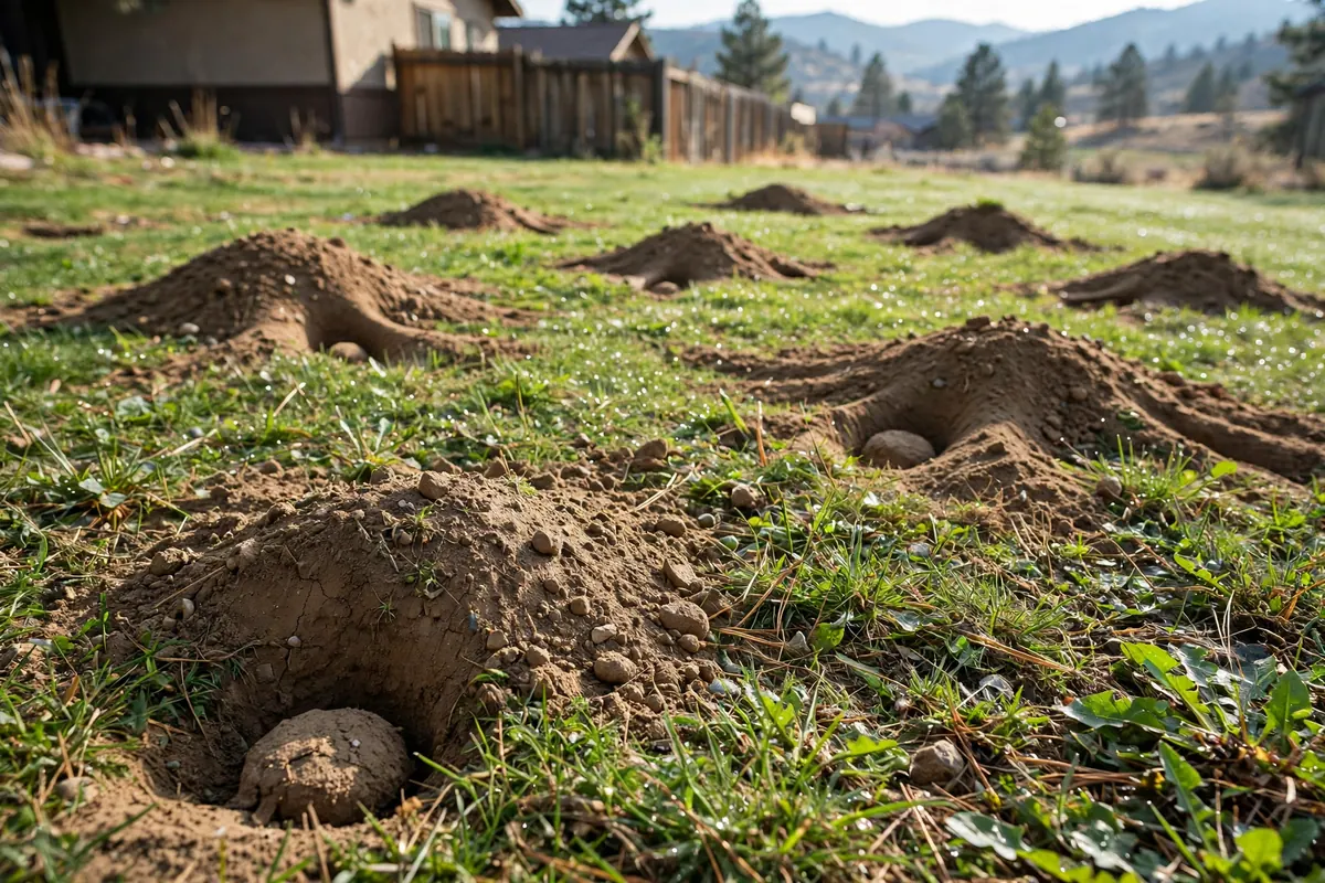 Fan-shaped pocket gopher mounds across a Colorado lawn